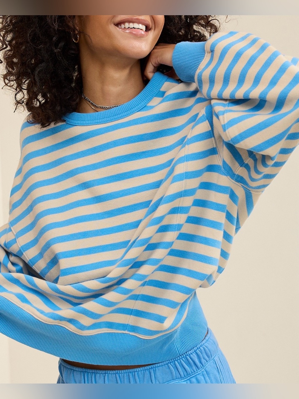 NWT - Aerie “Go-To” Striped Sweatshirt in Turquoise & Cream